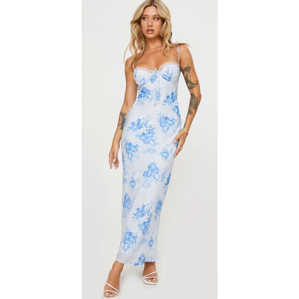 Princess Polly HAMRI MAXI DRESS WHITE/BLUE FLORAL Nwot Size 2